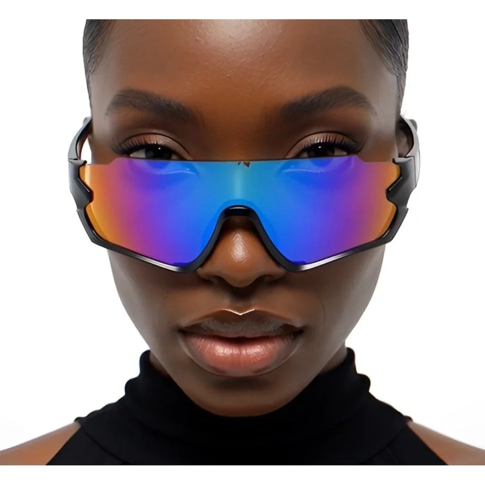 Black Shield Sunglasses Iridescent Blue Mirror Lens UV400 Sport Women Shades New